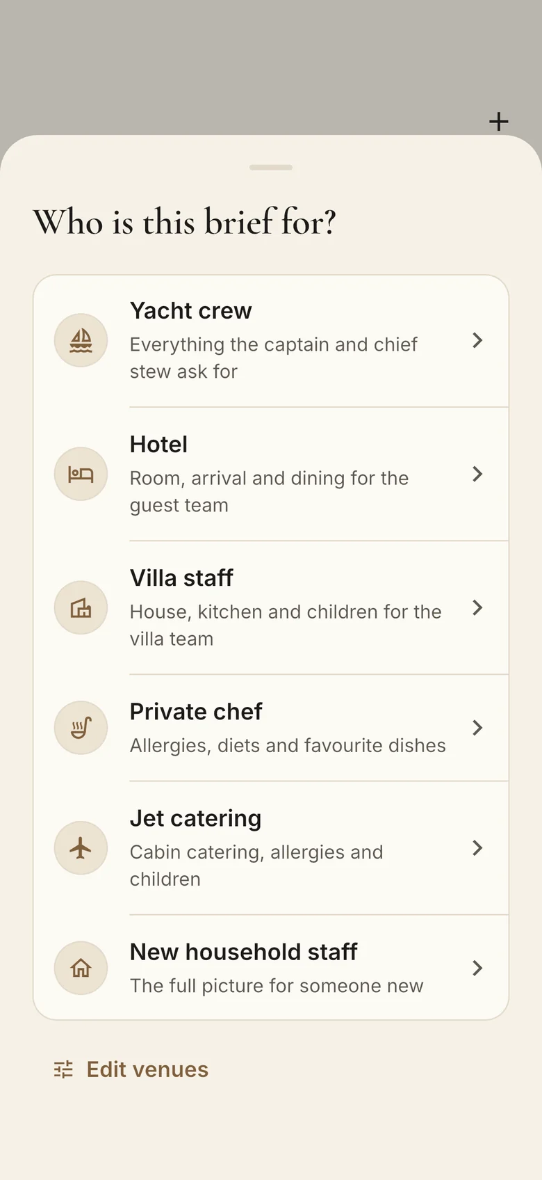 Choosing who the brief is for: yacht crew, hotel, villa staff, private chef, jet catering or new household staff.