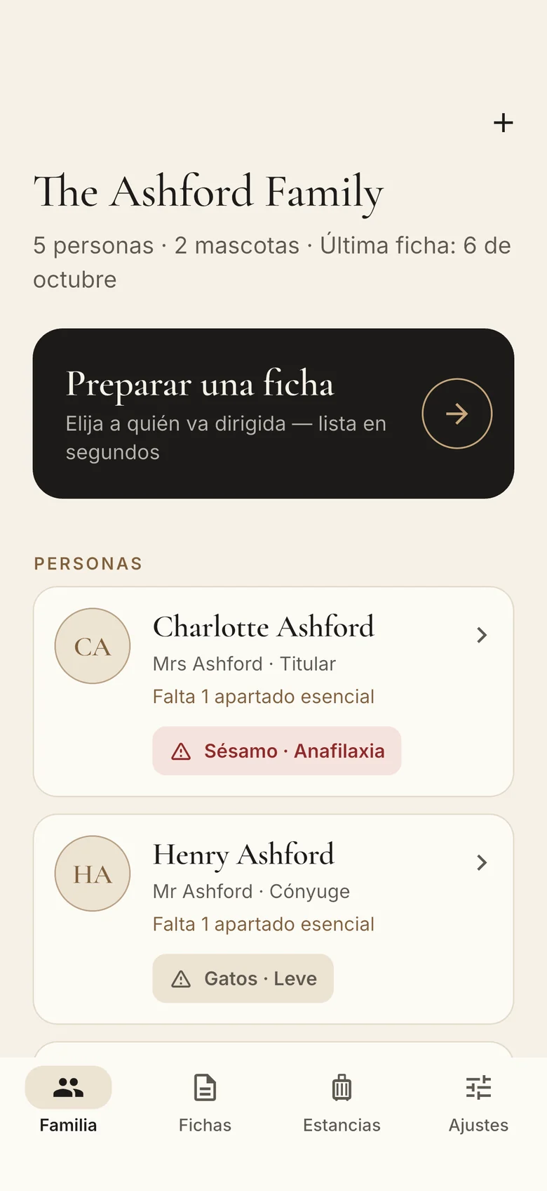 La pantalla Familia: la familia Ashford, el botón para preparar una ficha y cada persona con sus alergias.