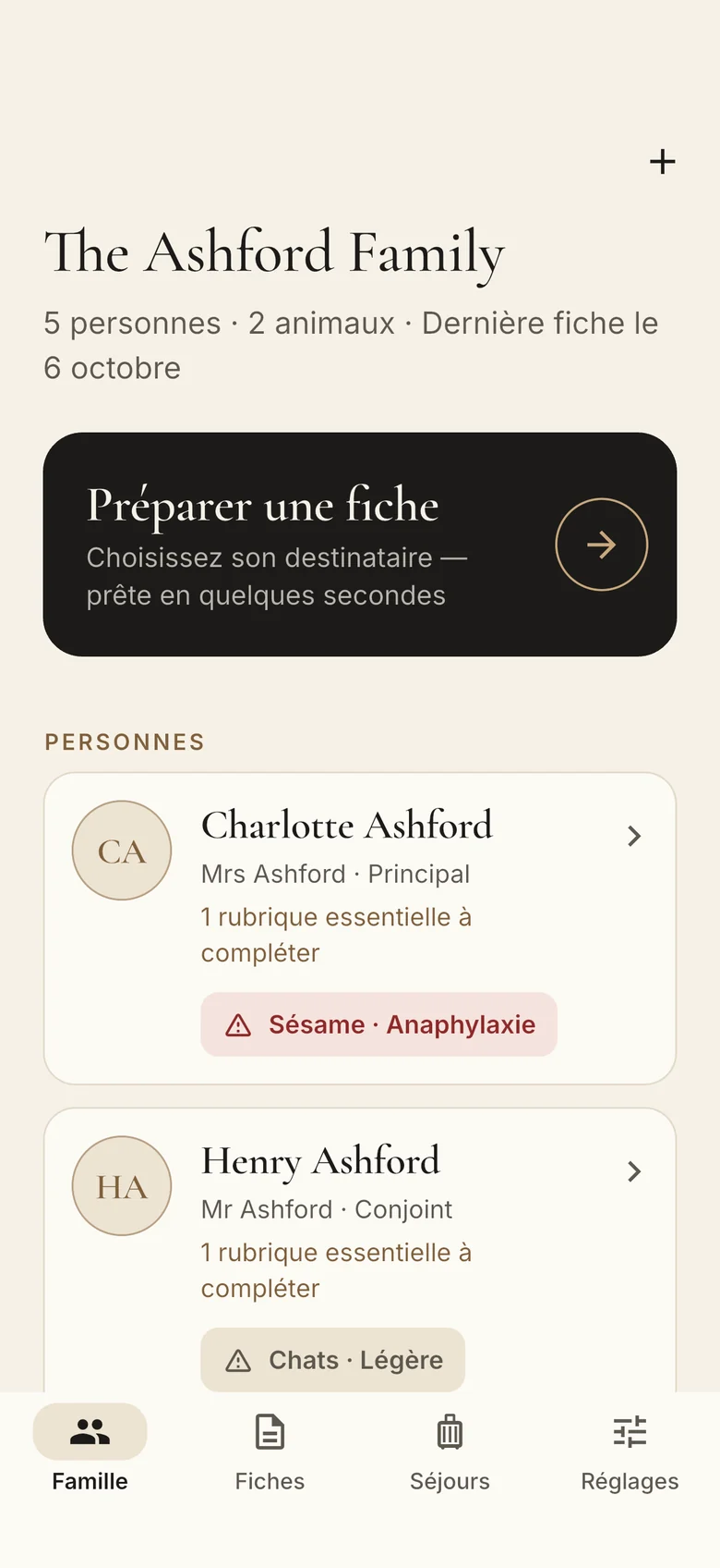 L’écran Famille : la famille Ashford, le bouton pour préparer une fiche et chaque personne avec ses allergies.