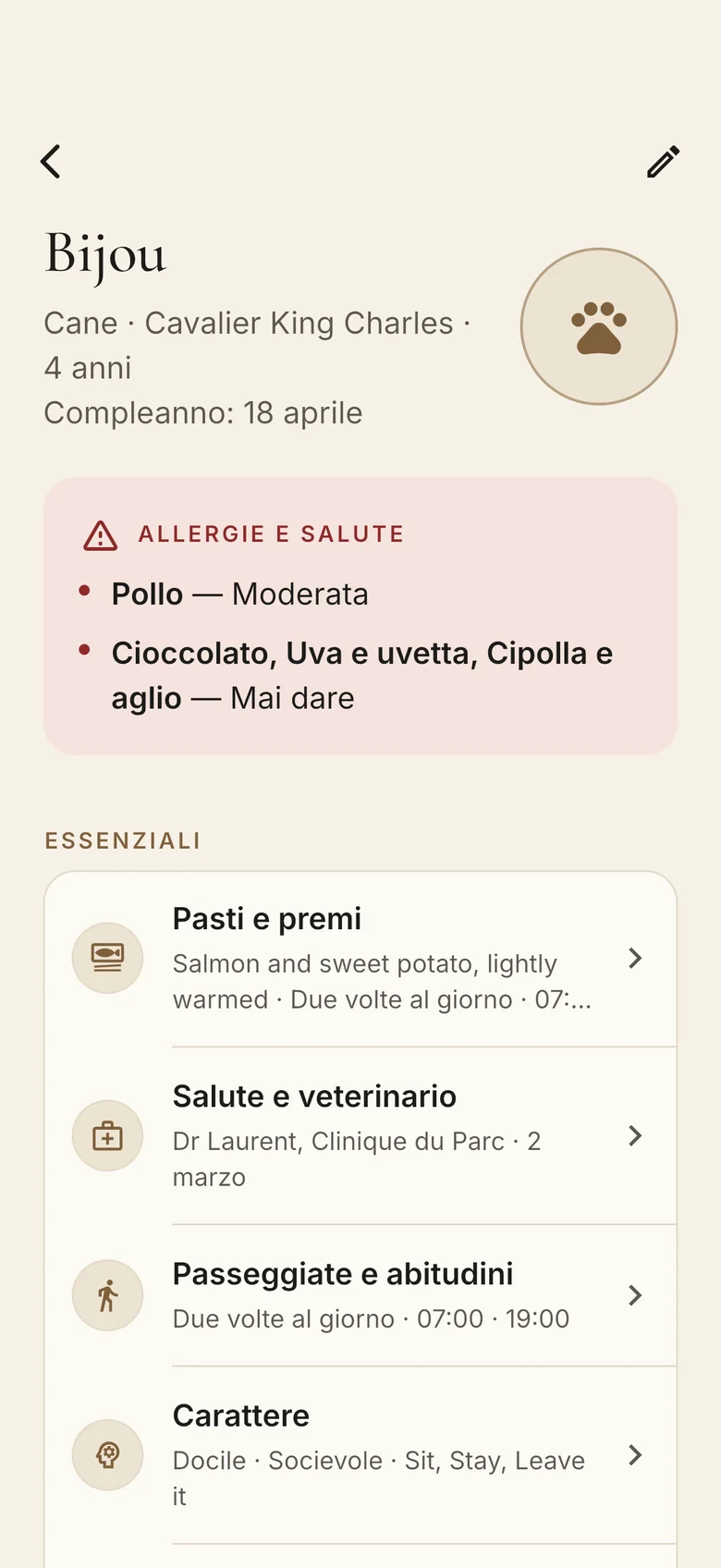 Il profilo di Bijou: in alto la sua allergia al pollo e ciò che non va mai dato, poi pasti, salute, passeggiate e comodità.