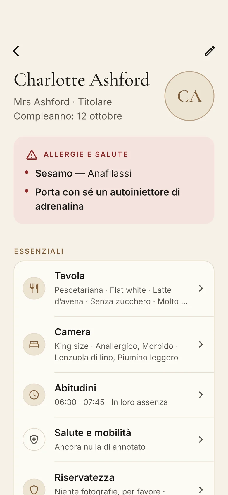 Il profilo di Charlotte Ashford: l’allergia al sesamo e la penna di adrenalina in alto, poi la tavola, la camera e le abitudini.